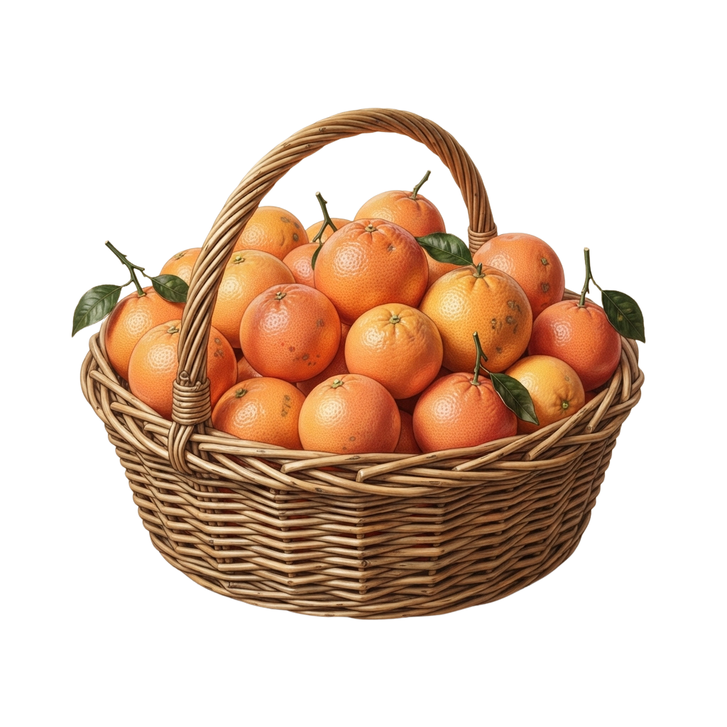 A woven basket filled with fresh oranges and green leaves against a black background