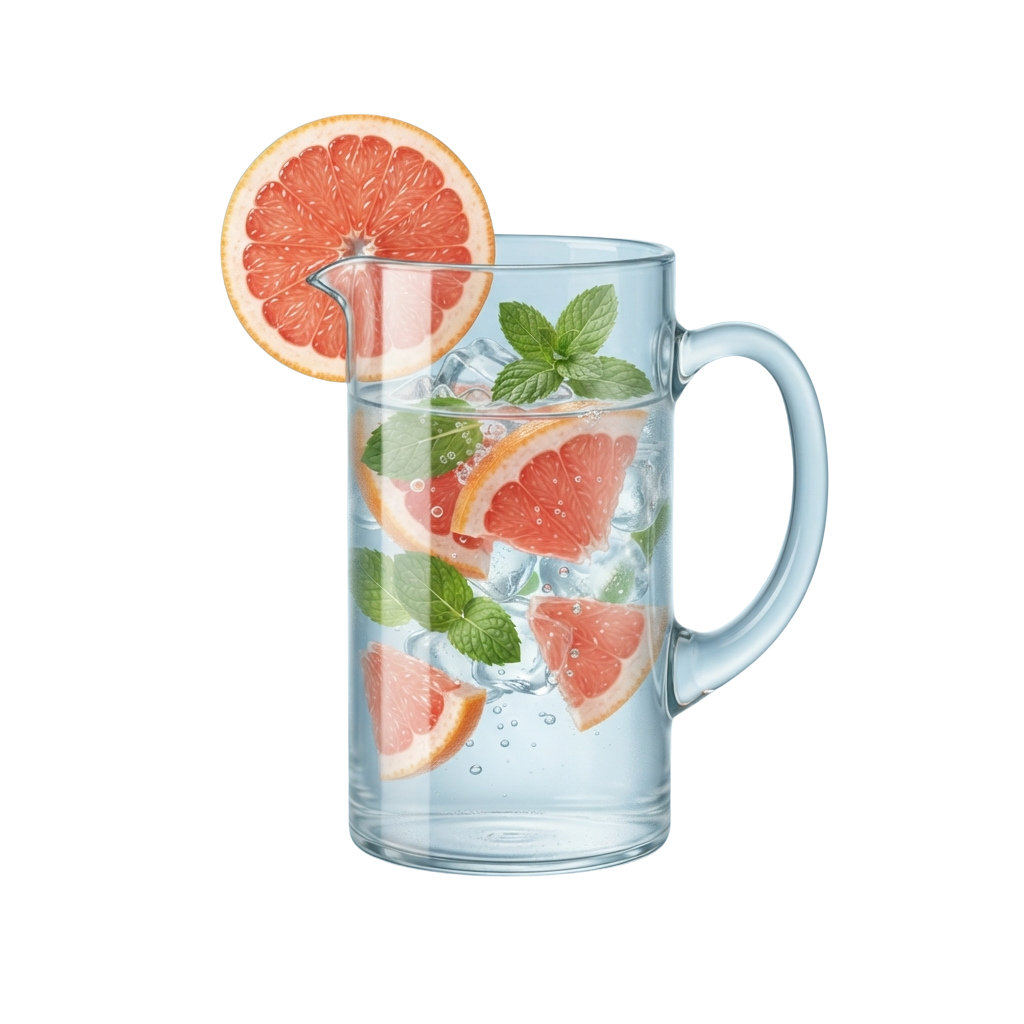 A clear pitcher filled with water, grapefruit slices, and mint leaves