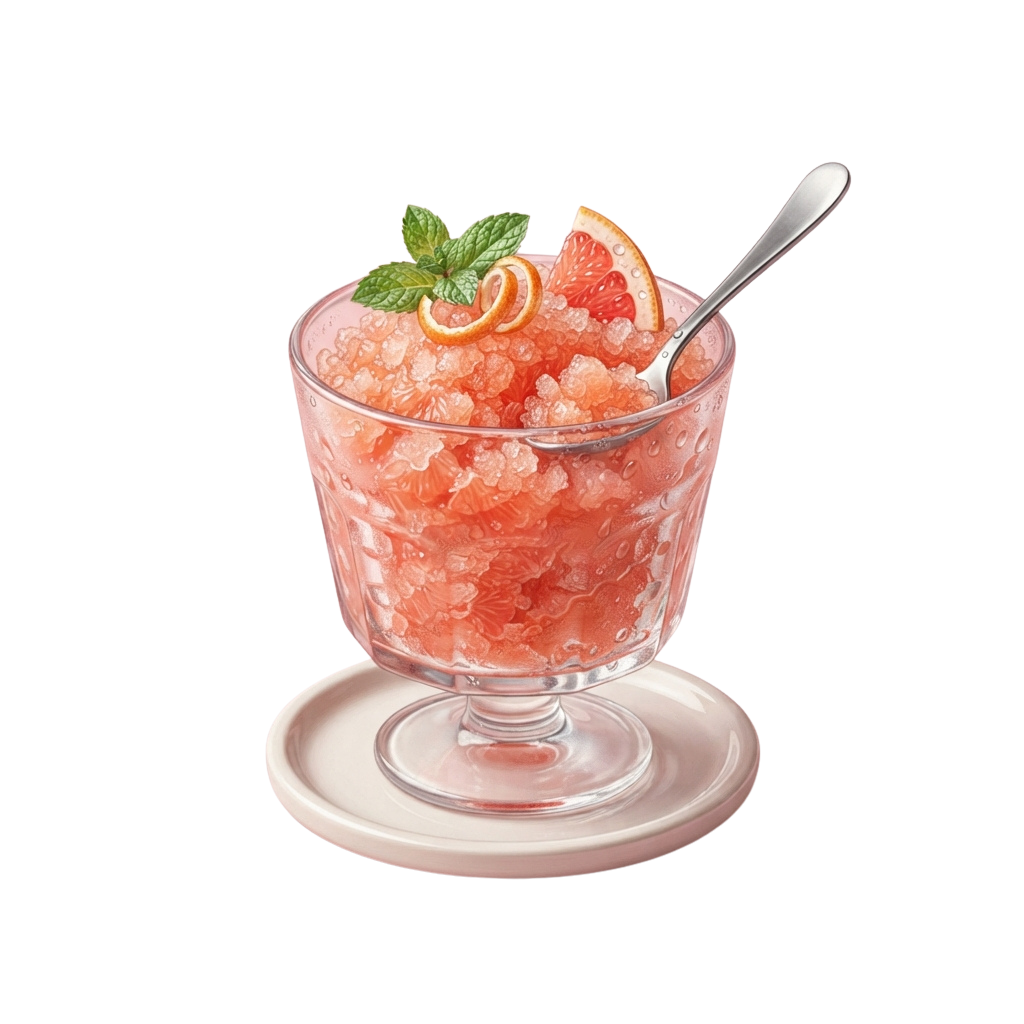 A glass bowl filled with pink grapefruit sorbet garnished with mint leaves and a slice of grapefruit