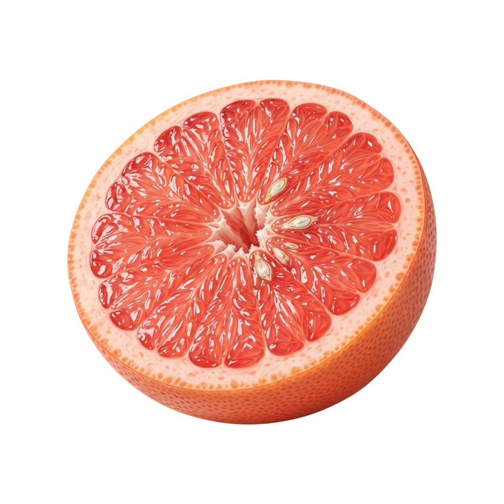 A cross-section of a grapefruit revealing its juicy pink interior segments and white pith