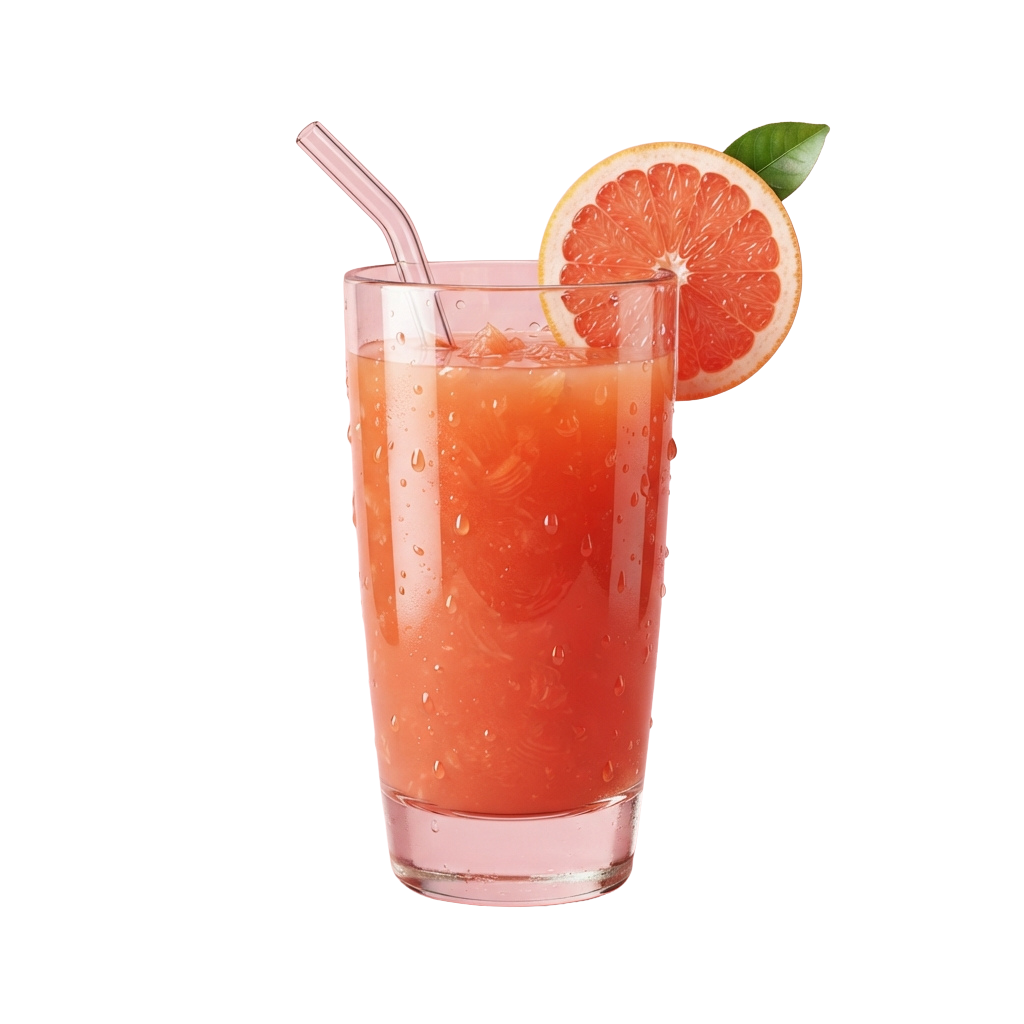 Clear glass filled with fizzy grapefruit drink garnished with a grapefruit slice and leaf, featuring a bent straw