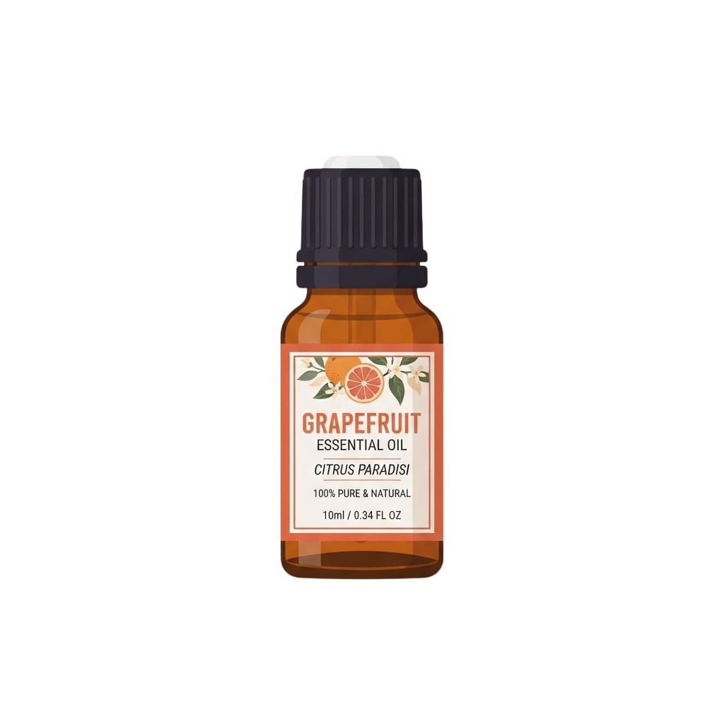 Small amber bottle of grapefruit essential oil with a dropper cap against a dark background