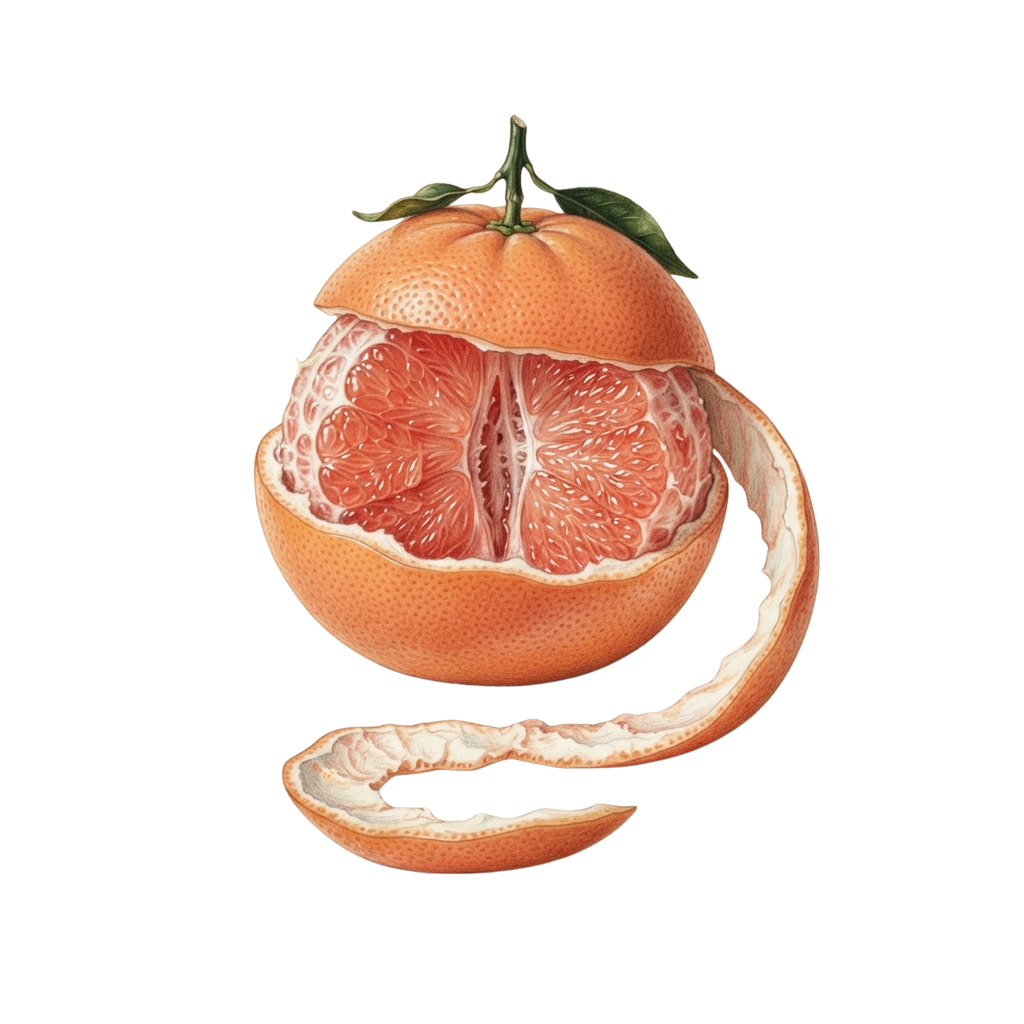 A halved orange with the peel partially removed showing its juicy segments and white membrane.