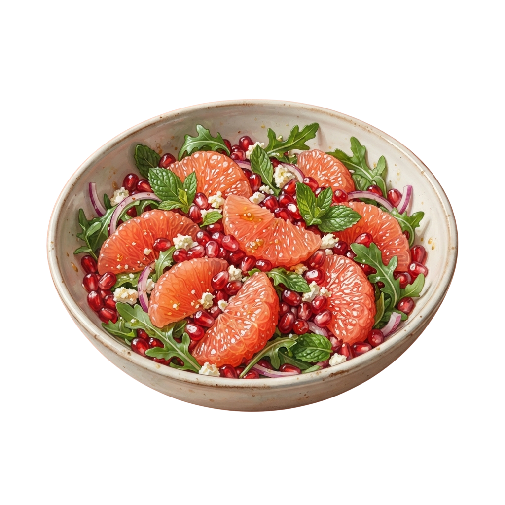 A white bowl filled with grapefruit salad containing grapefruit slices, pomegranate seeds, red onions, fresh greens, and crumbled cheese