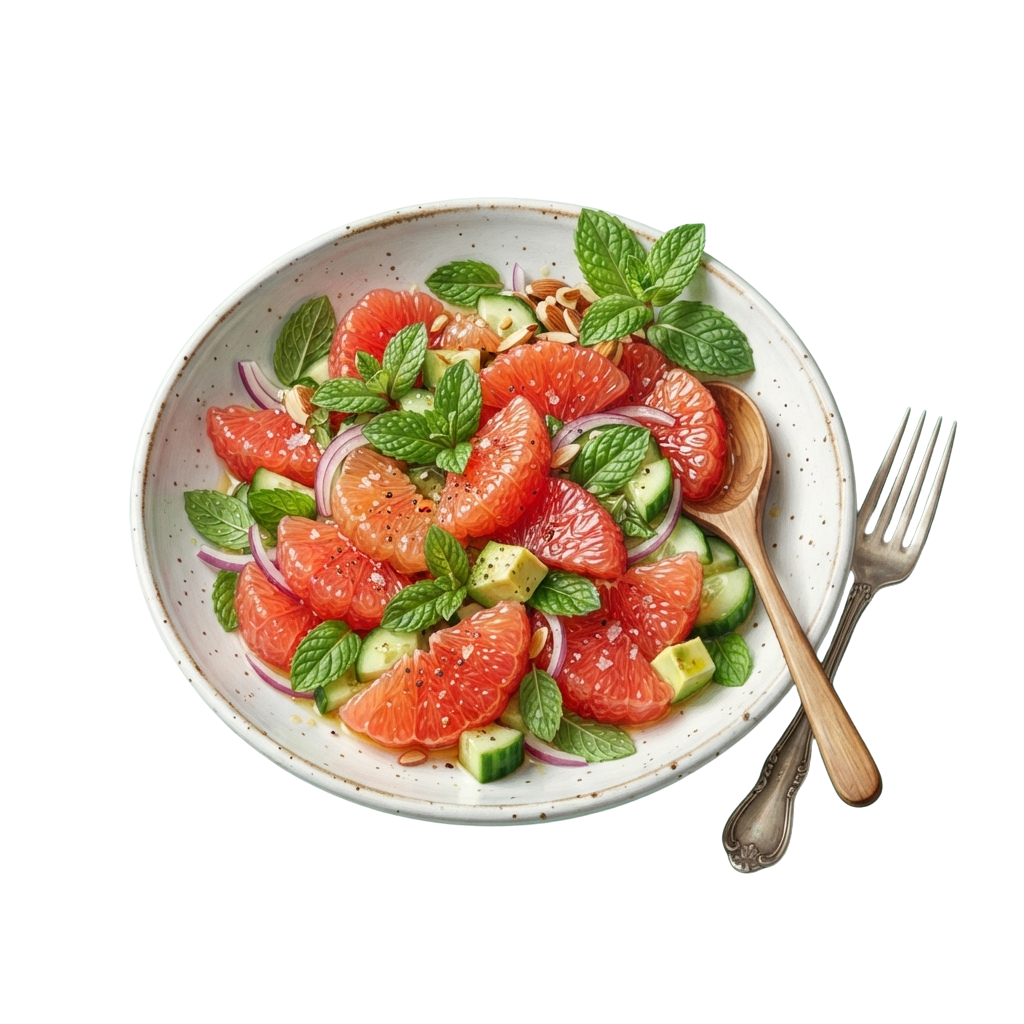A white plate topped with a fresh grapefruit avocado salad garnished with herbs and red onions, served with a fork