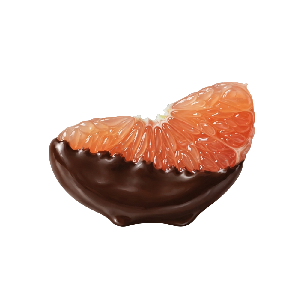 A chocolate-coated slice of orange on a dark background