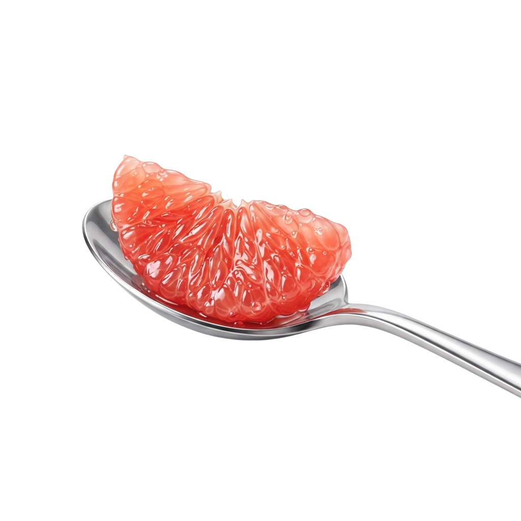 A spoon holding a juicy pink grapefruit slice against a black background