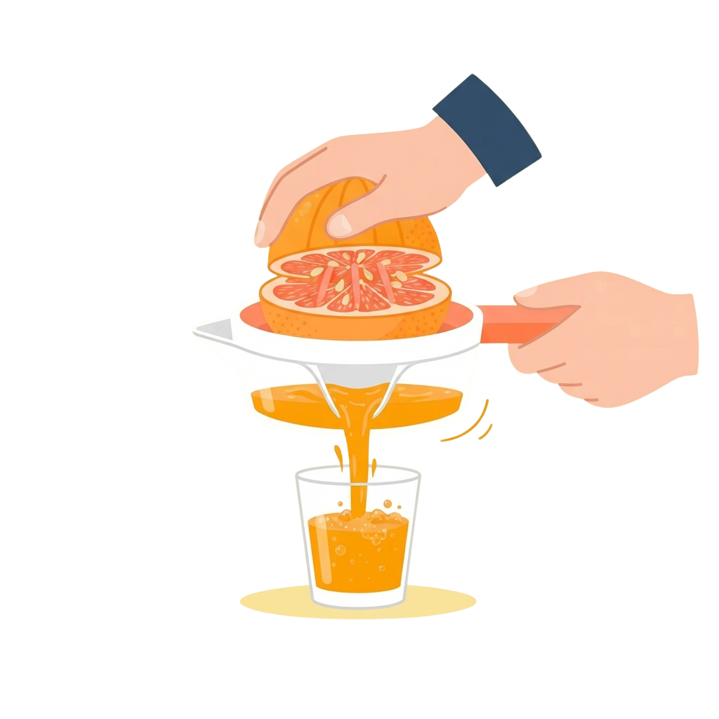 Illustration of hands using a manual juicer to extract orange juice into a glass