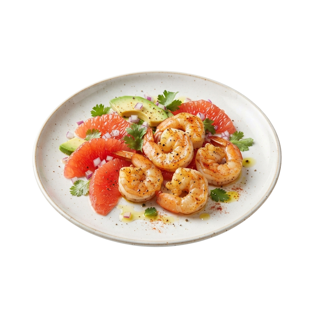 Grilled shrimp with sliced grapefruit, avocado, red onion, and cilantro on a white plate