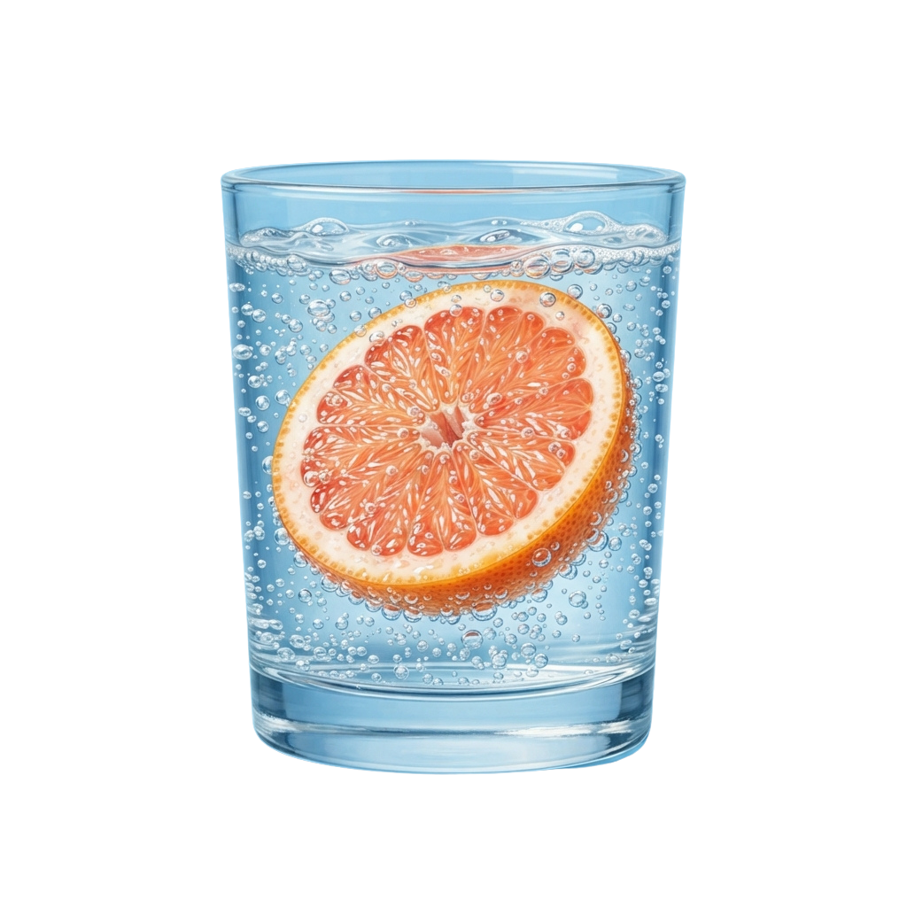 A tall glass filled with sparkling water and a grapefruit slice floating inside