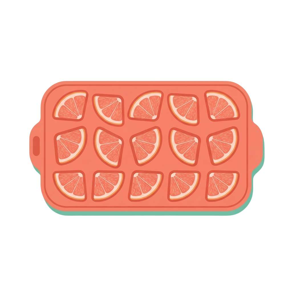 Ice cube tray with lemon-shaped compartments in pink color
