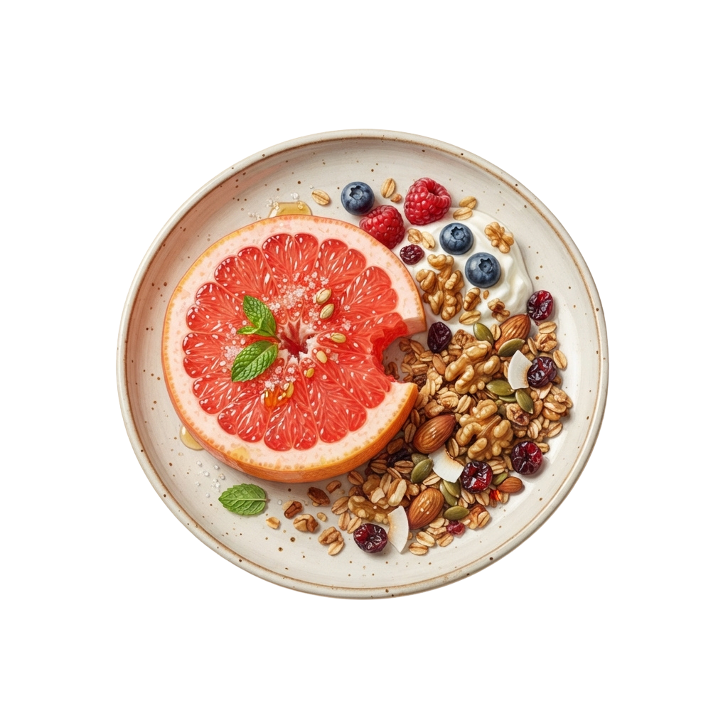 A white bowl with Greek yogurt, sliced grapefruit, mixed nuts, seeds, and berries.