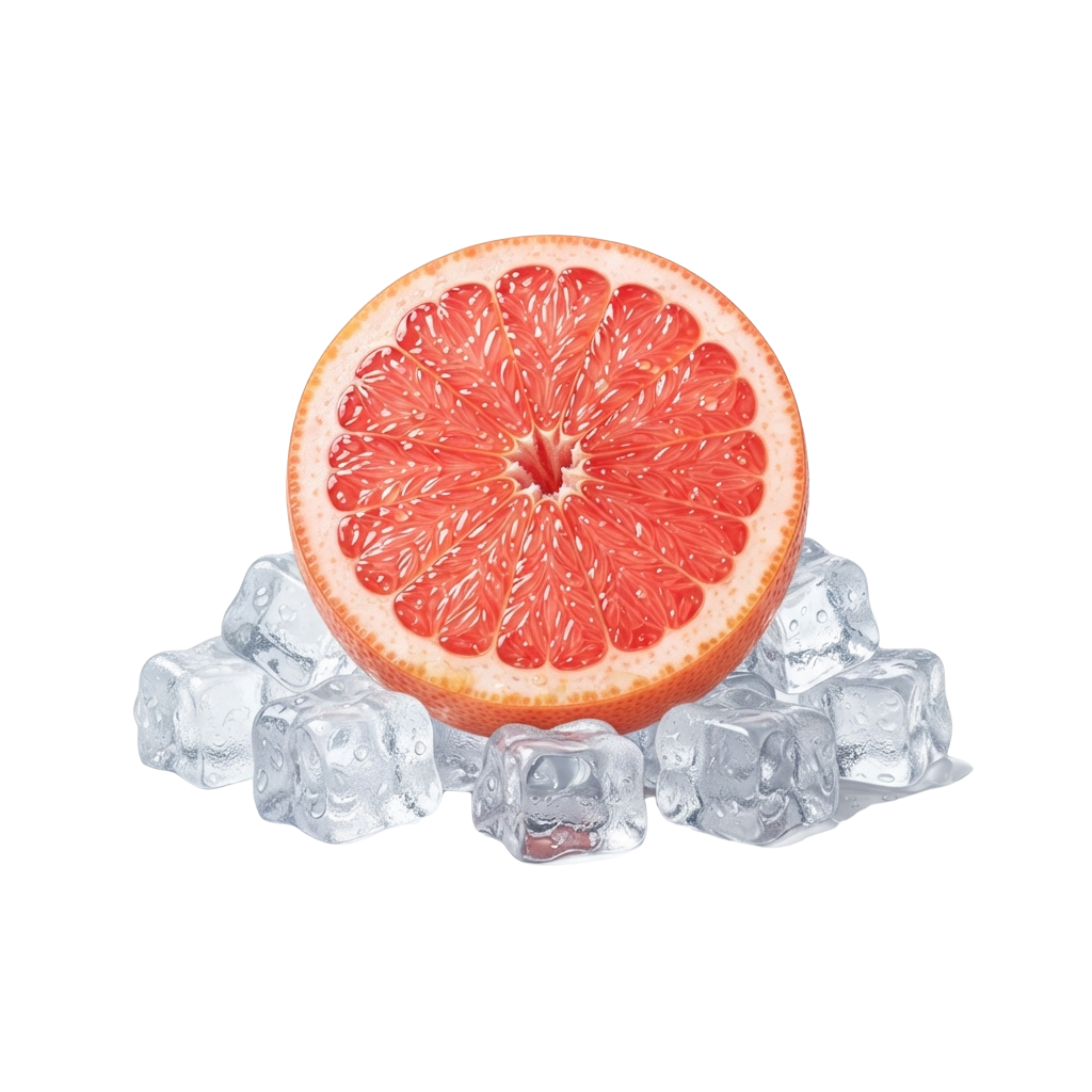 A sliced grapefruit half with bright red segments on a bed of ice cubes