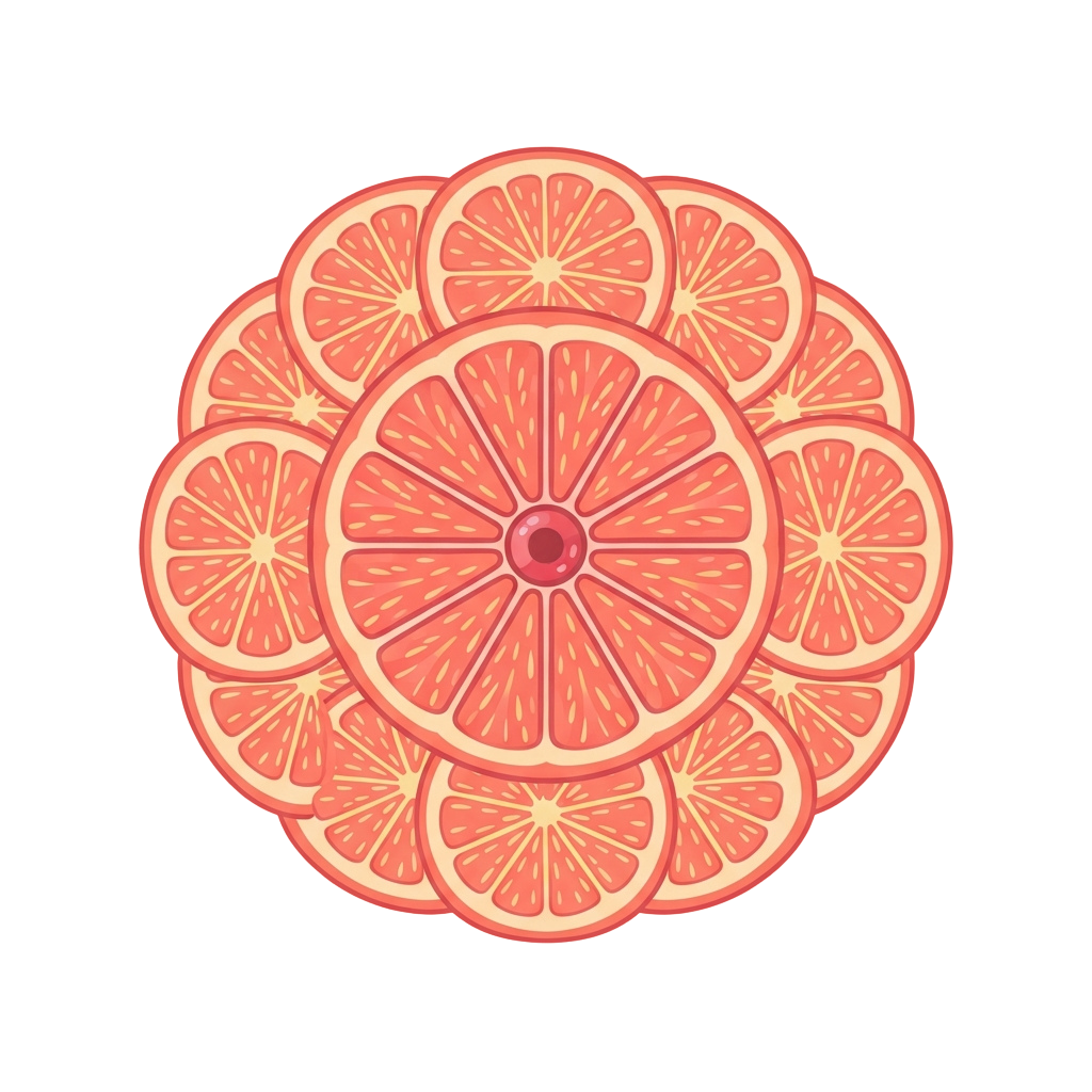 Floral arrangement made from grapefruit slices with a central red core