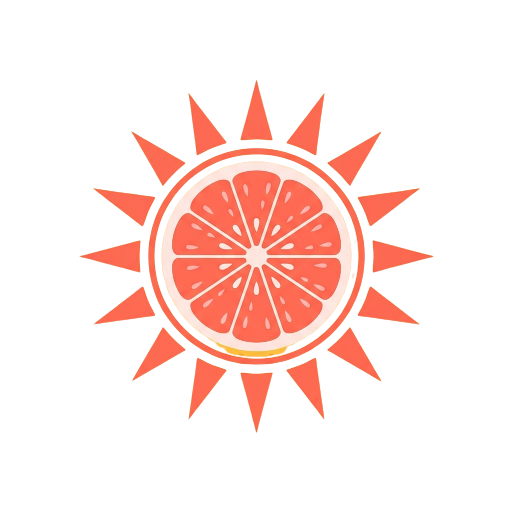 A stylized sun with red rays surrounding a sliced grapefruit in the center