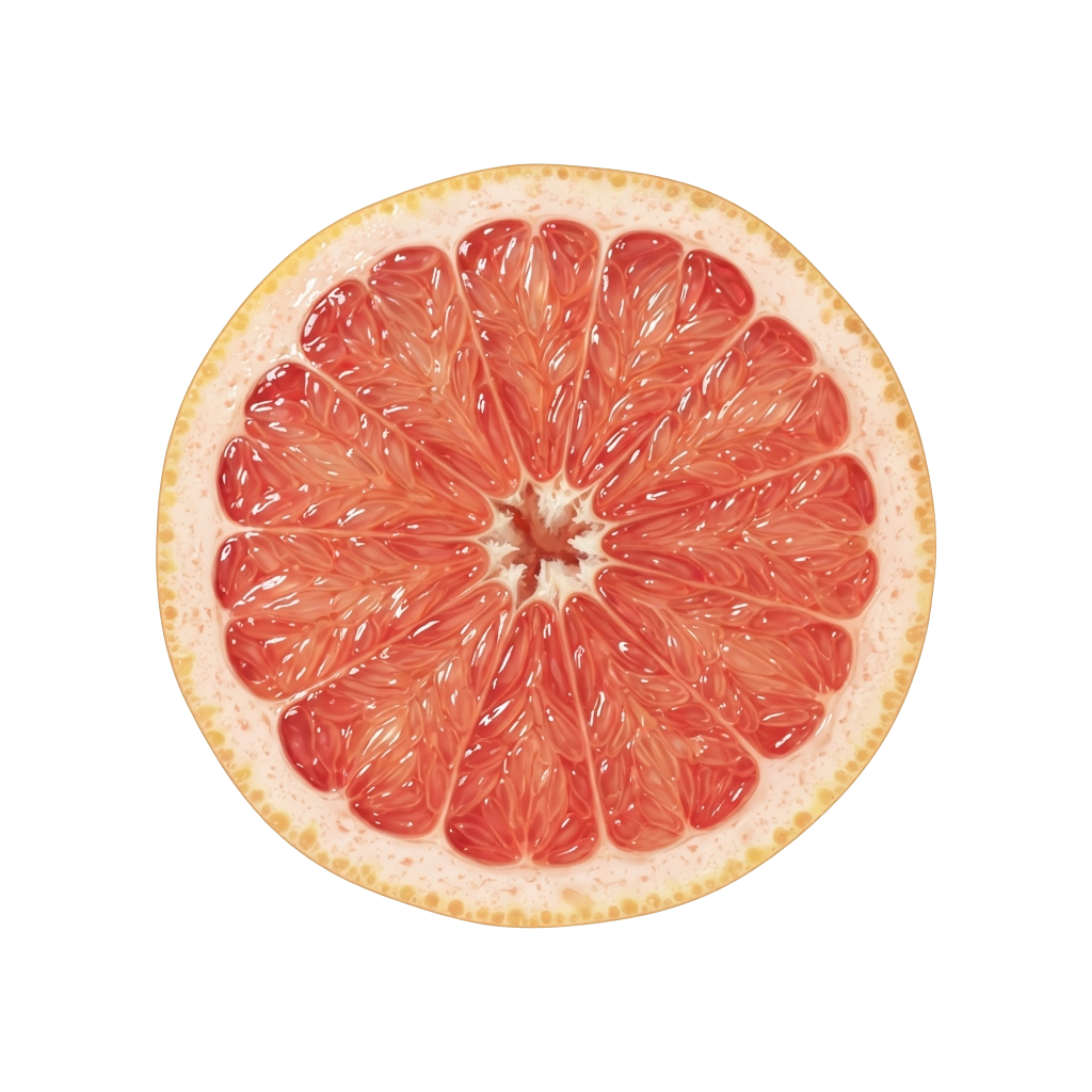 A cross-section of a grapefruit displaying its juicy red segments and white pith.