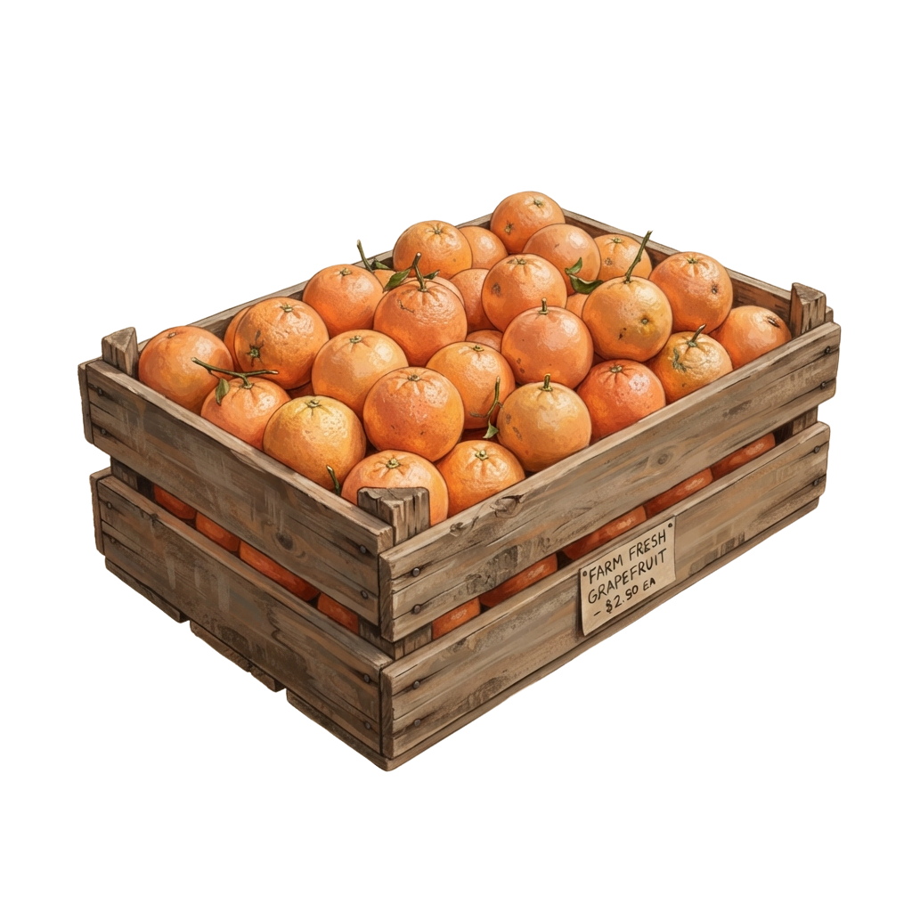 Wooden crate filled with fresh grapefruits labeled farm fresh grapefruit