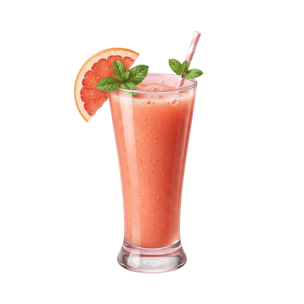 A tall glass filled with pink grapefruit smoothie garnished with mint leaves and a grapefruit slice on a black background