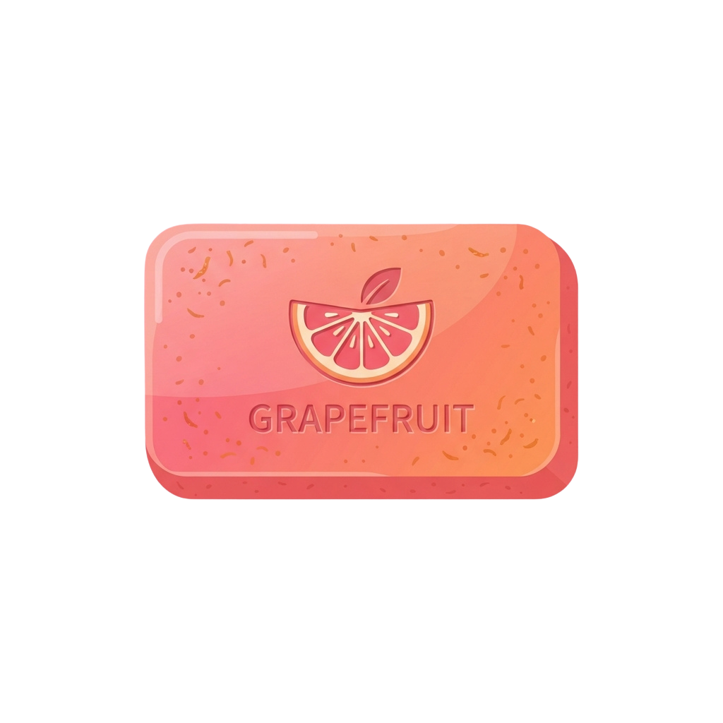 Illustration of a pink grapefruit-scented bar soap with a grapefruit slice icon