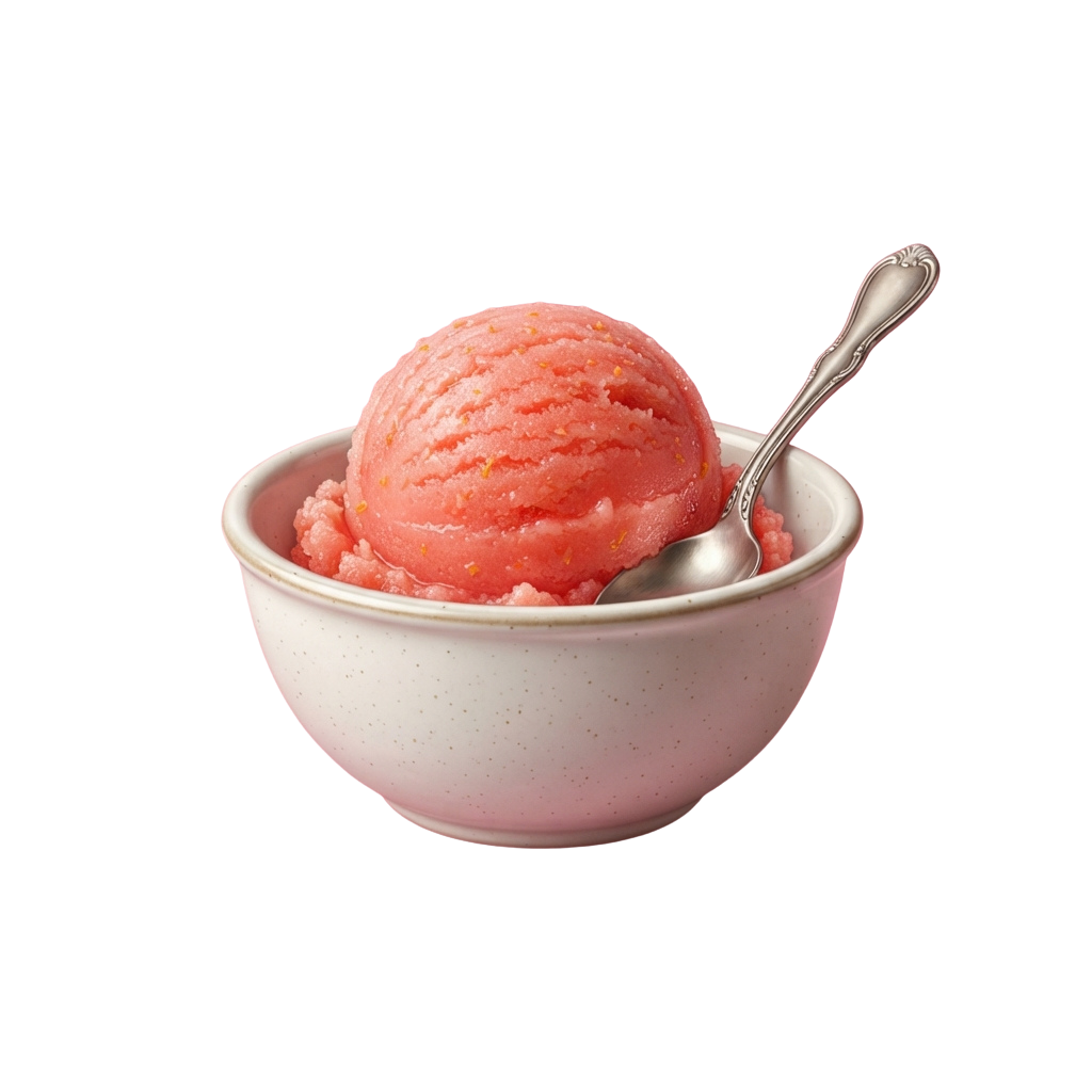 A scoop of pink strawberry sorbet in a light pink speckled bowl with a silver spoon