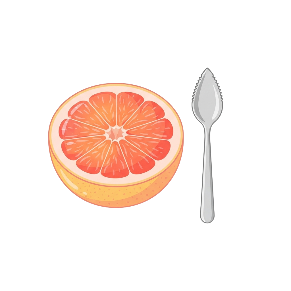 A sliced grapefruit half next to a silver spoon on a black background