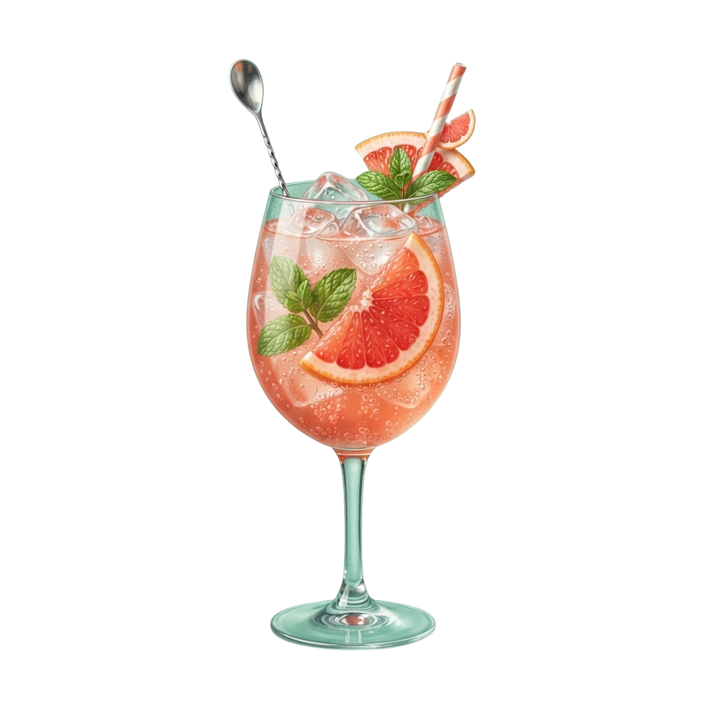 A tall glass filled with a pink grapefruit and mint sparkling drink, garnished with ice, mint leaves, and a grapefruit slice