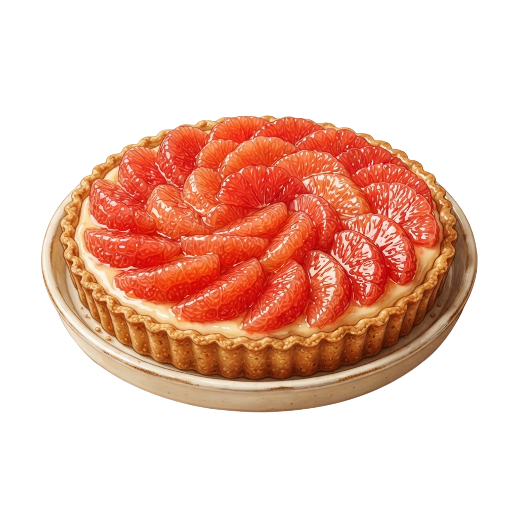 A round tart topped with slices of bright red grapefruit on a golden crust