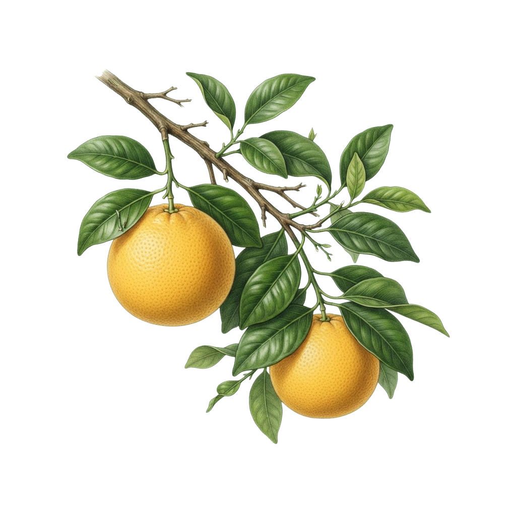 Two bright oranges hanging from a tree branch with green leaves against a black background