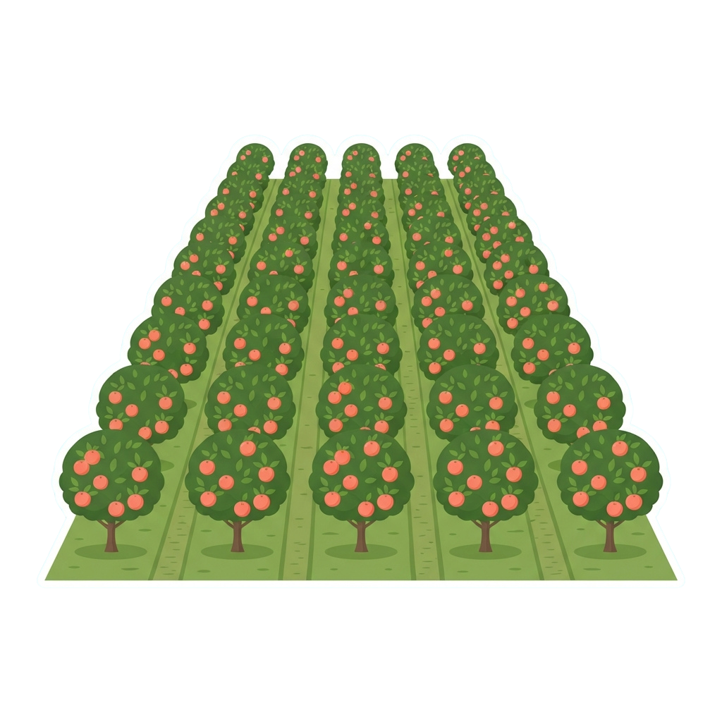 Illustration of neatly arranged fruit trees in rows with ripe fruit