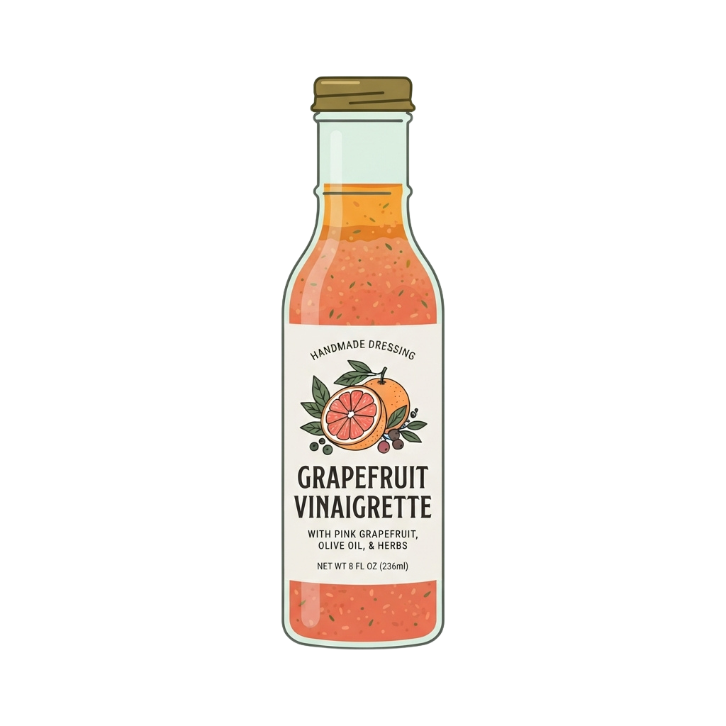 Bottle of grapefruit vinaigrette dressing with pink grapefruit, olive oil, and herbs label