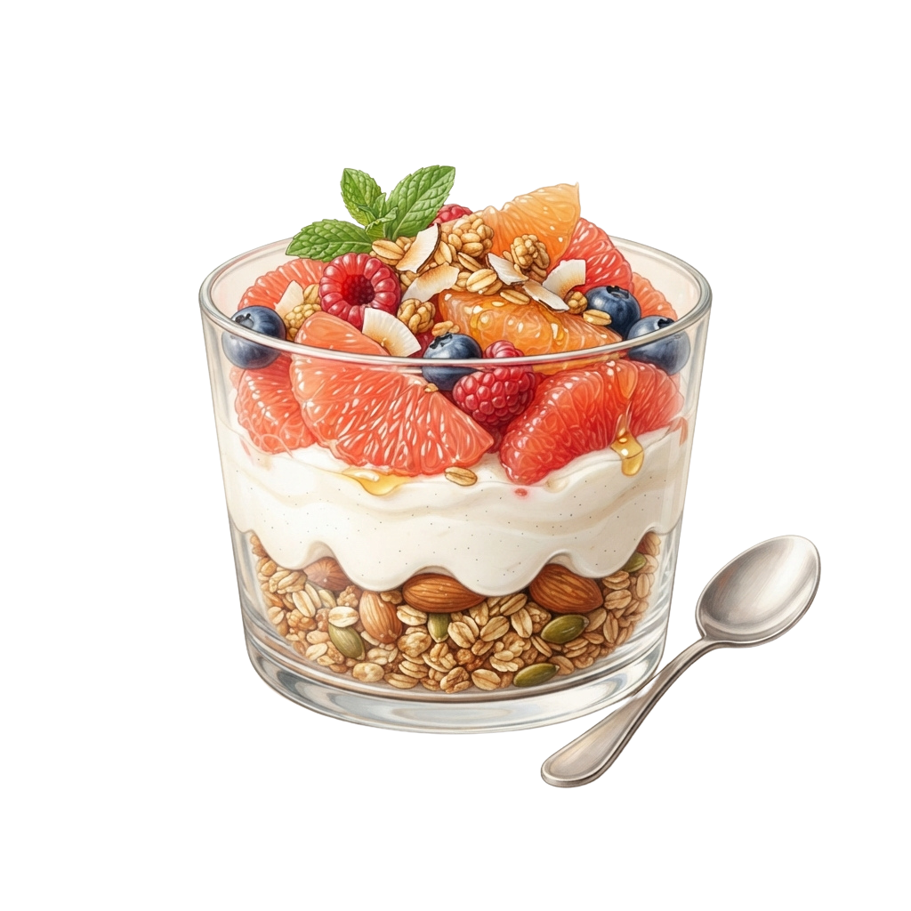 A glass jar filled with creamy yogurt, fresh fruit, granola, and nuts, topped with mint leaves and a spoon beside it