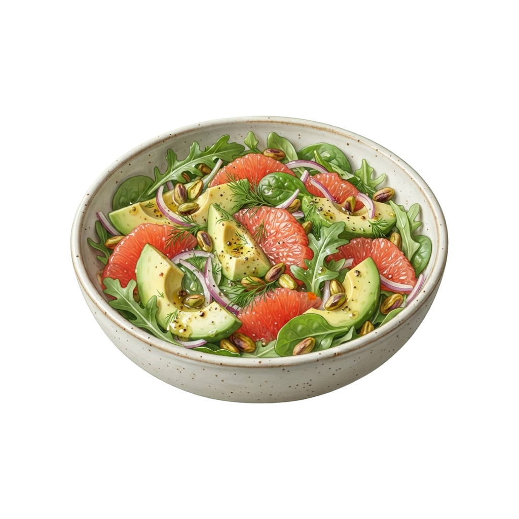 A colorful salad bowl with sliced avocado, grapefruit, red onion, greens, and chopped nuts