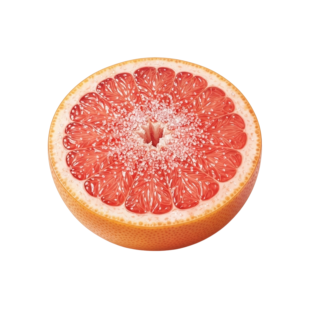 A cross-section of a grapefruit showing bright red flesh and white pith.