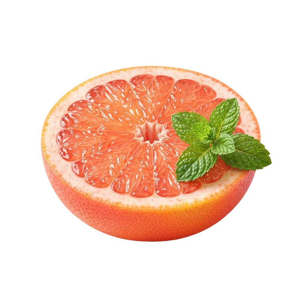 A cross-section of a ripe grapefruit with a sprig of mint leaves on top