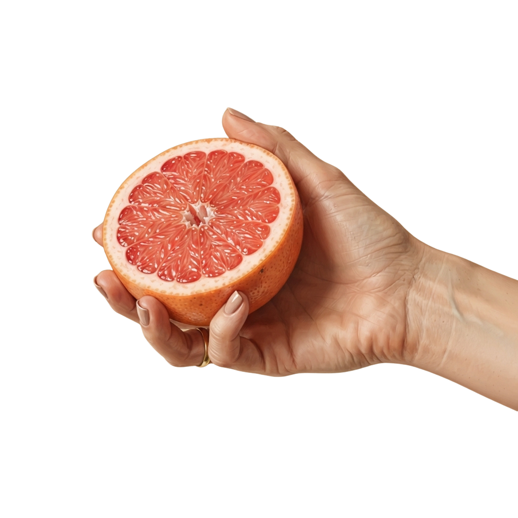 A hand holding a half of a grapefruit with juicy red segments visible.