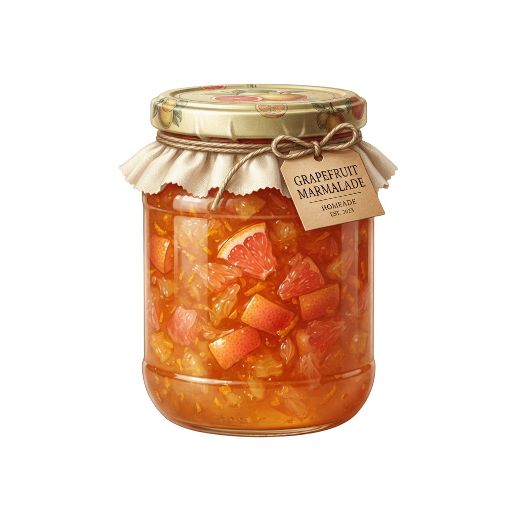 Glass jar of homemade grapefruit marmalade with chunks of fruit, tied with twine and a decorative label