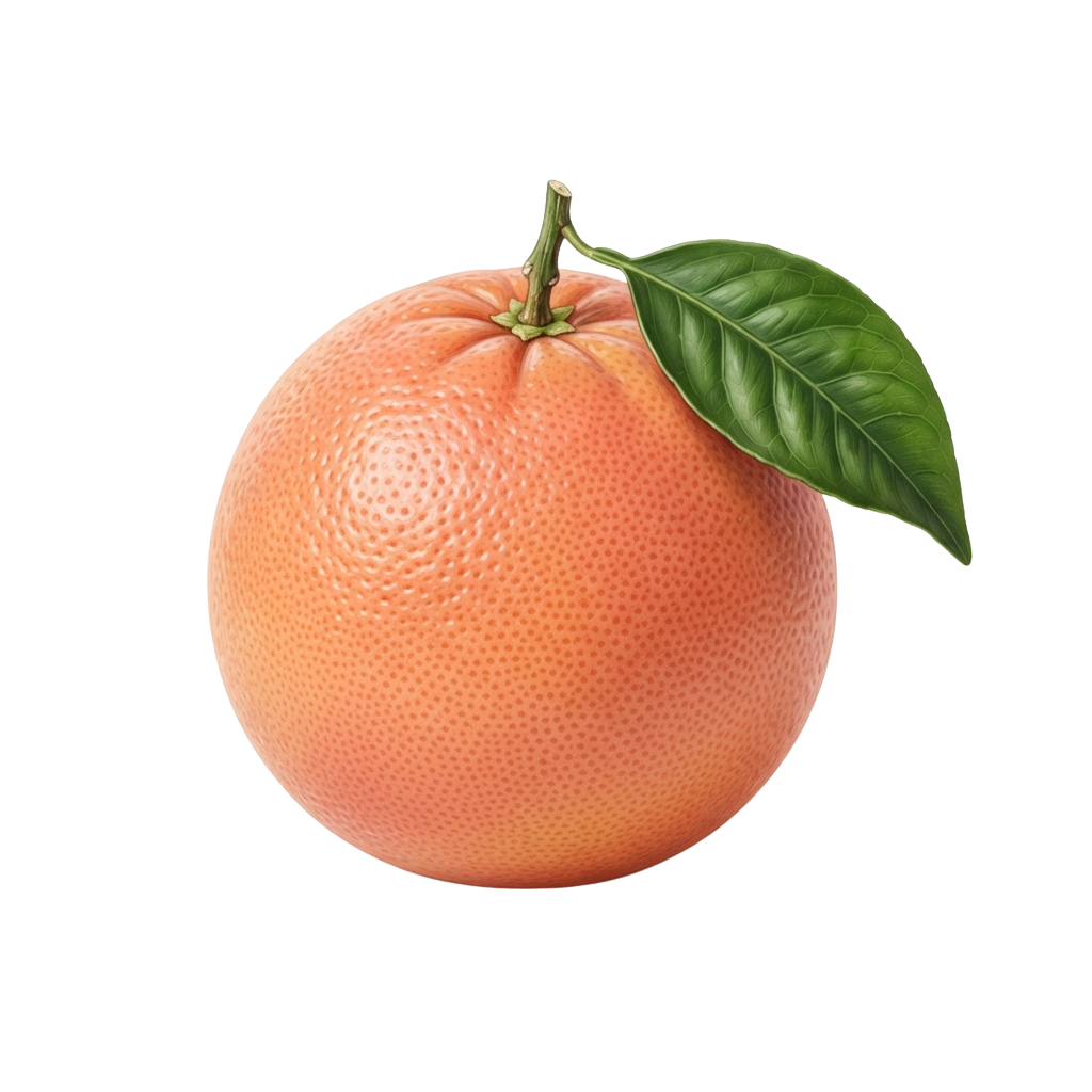 A close-up image of a bright orange with a green leaf attached, set against a black background