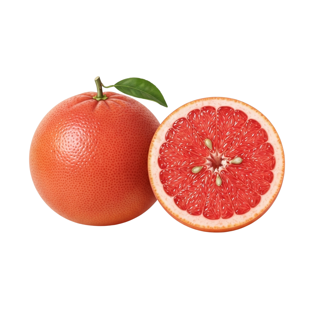 A whole grapefruit with a bright green leaf and a halved grapefruit showing pink flesh and white pith