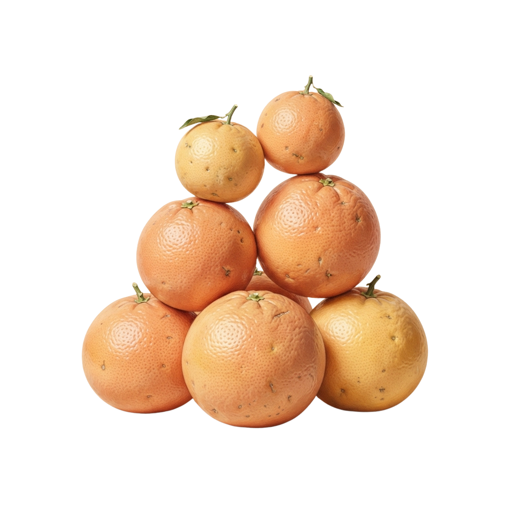 Six fresh navel oranges stacked in a pyramid shape against a black background