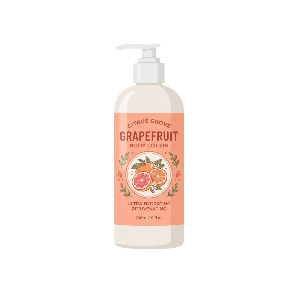 A bottle of grapefruit-scented body lotion with a pump dispenser against a black background