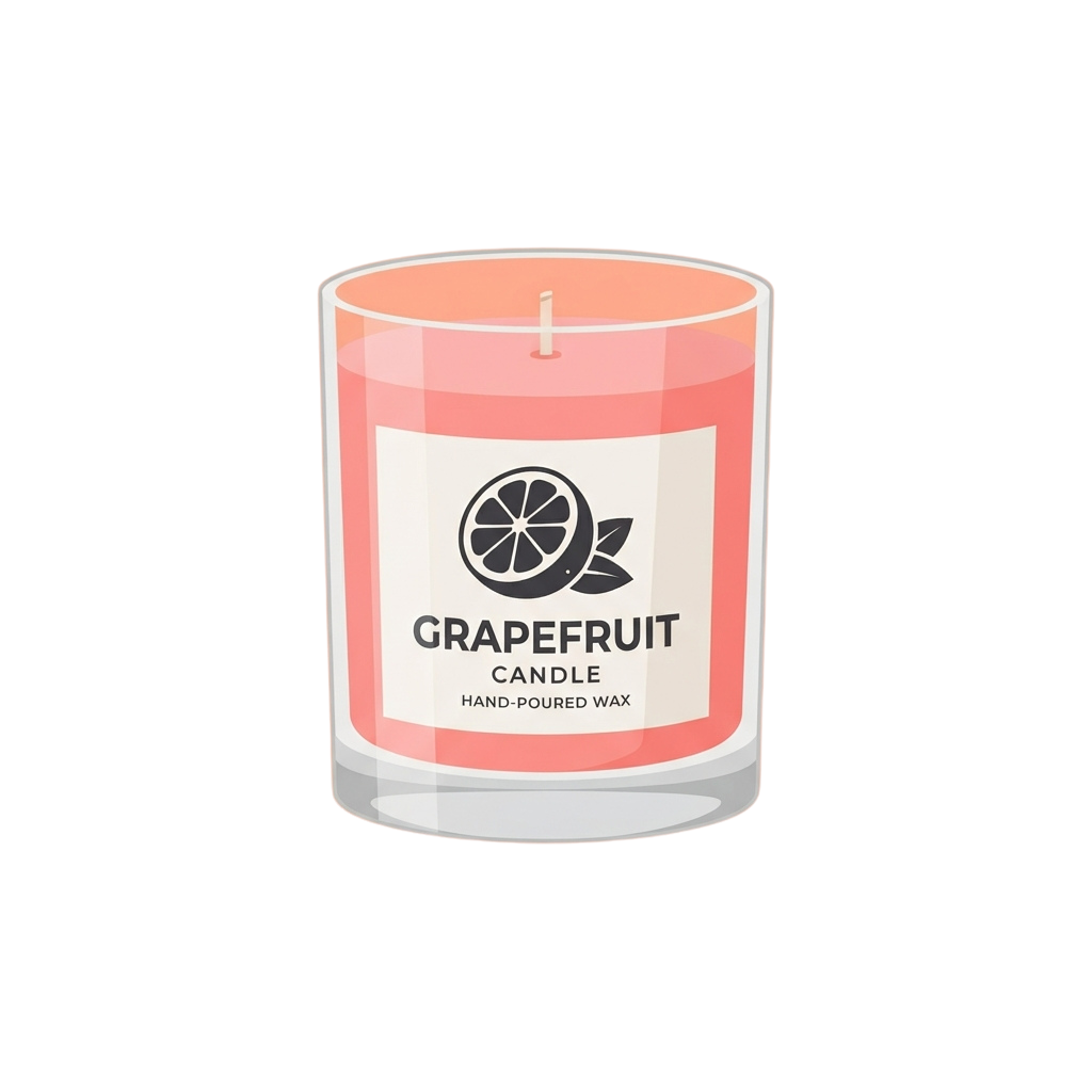 Pink hand-poured grapefruit candle in a clear glass jar with a white label showing a grapefruit slice icon