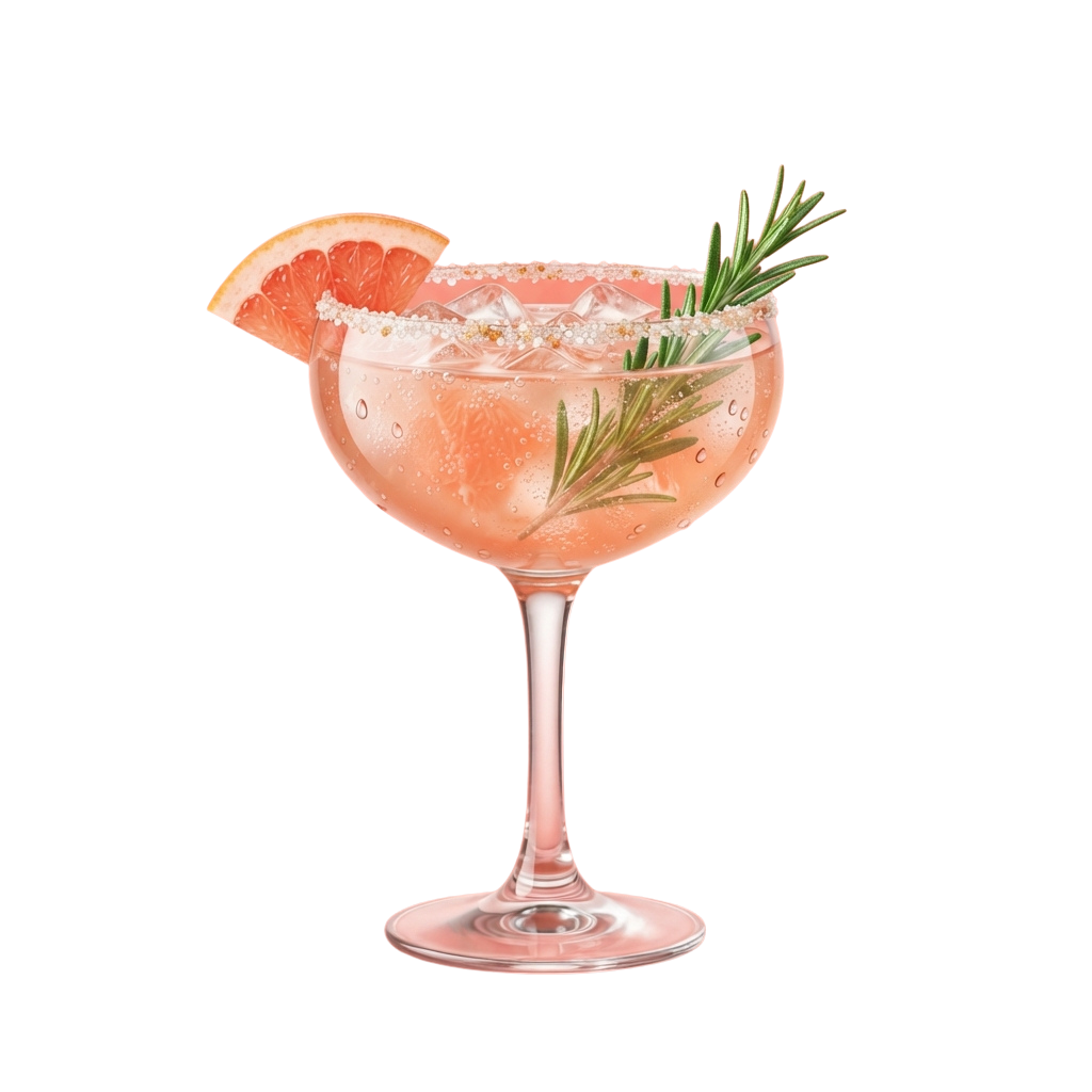 A pink citrus cocktail in a coupe glass with a grapefruit slice, rosemary sprig, and salt rim on ice.
