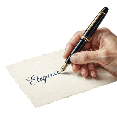 A hand writing the word elegance with a fountain pen on light-colored paper