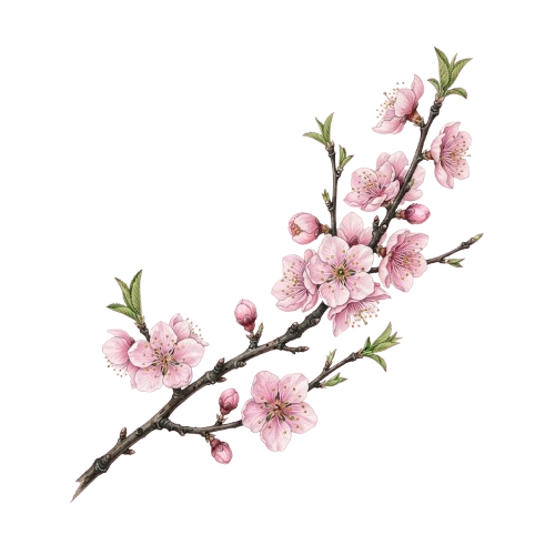 A branch with pink cherry blossoms, buds, and green leaves on a dark background
