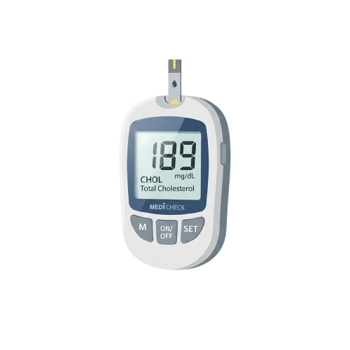 A cholesterol monitor showing a reading of 189 mg dL for total cholesterol.