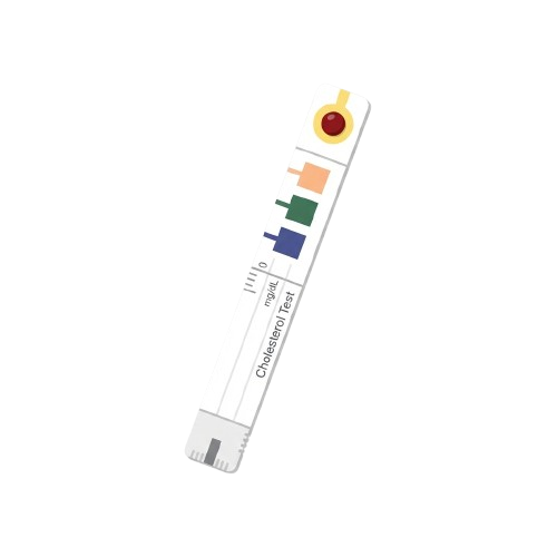 A cholesterol test strip with color-coded levels and mg dL measurement scale