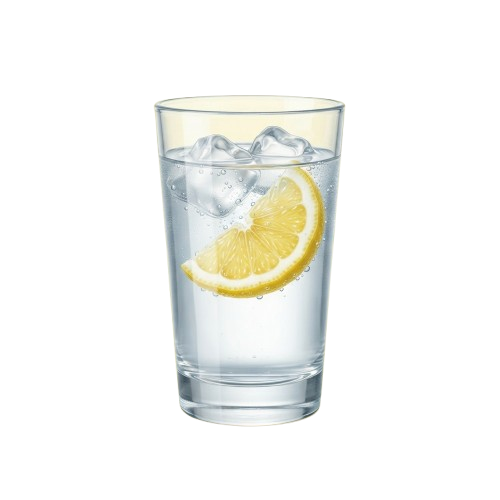 A tall glass filled with ice water and a lemon slice floating inside