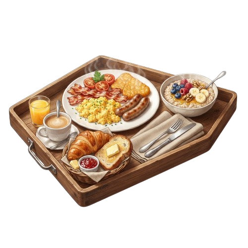 Breakfast tray with eggs, sausages, croissants, fruit, toast, coffee, and orange juice