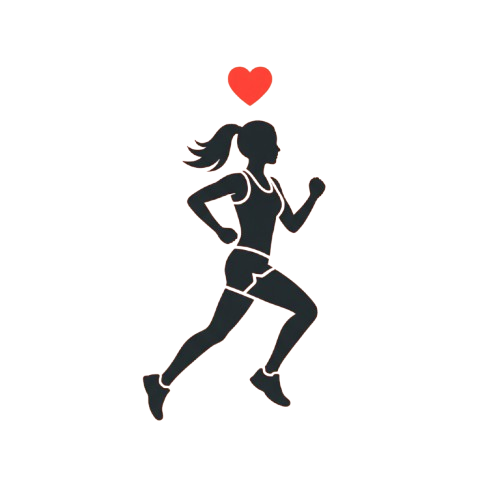 A running woman silhouette with a red heart above her head on a black background