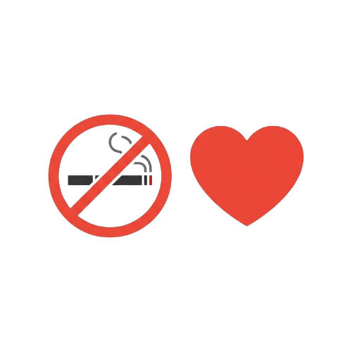 Red no smoking symbol crossed out next to a red heart shape on black background